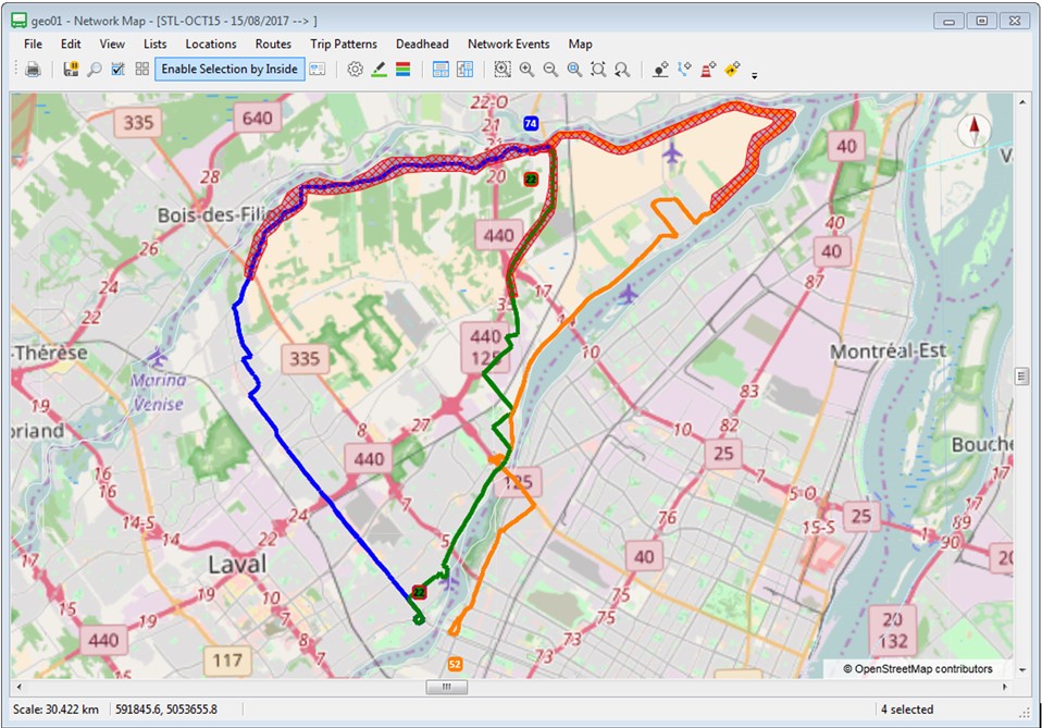 Lignes de la STL sélectionnées pour la phase 1 de l'étude – ligne 22 (verte), ligne 52 (orange) et ligne 74 (bleue)